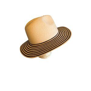 Jones New York Womens Wide Brim Straw Sun Hat With Black & White Stripes